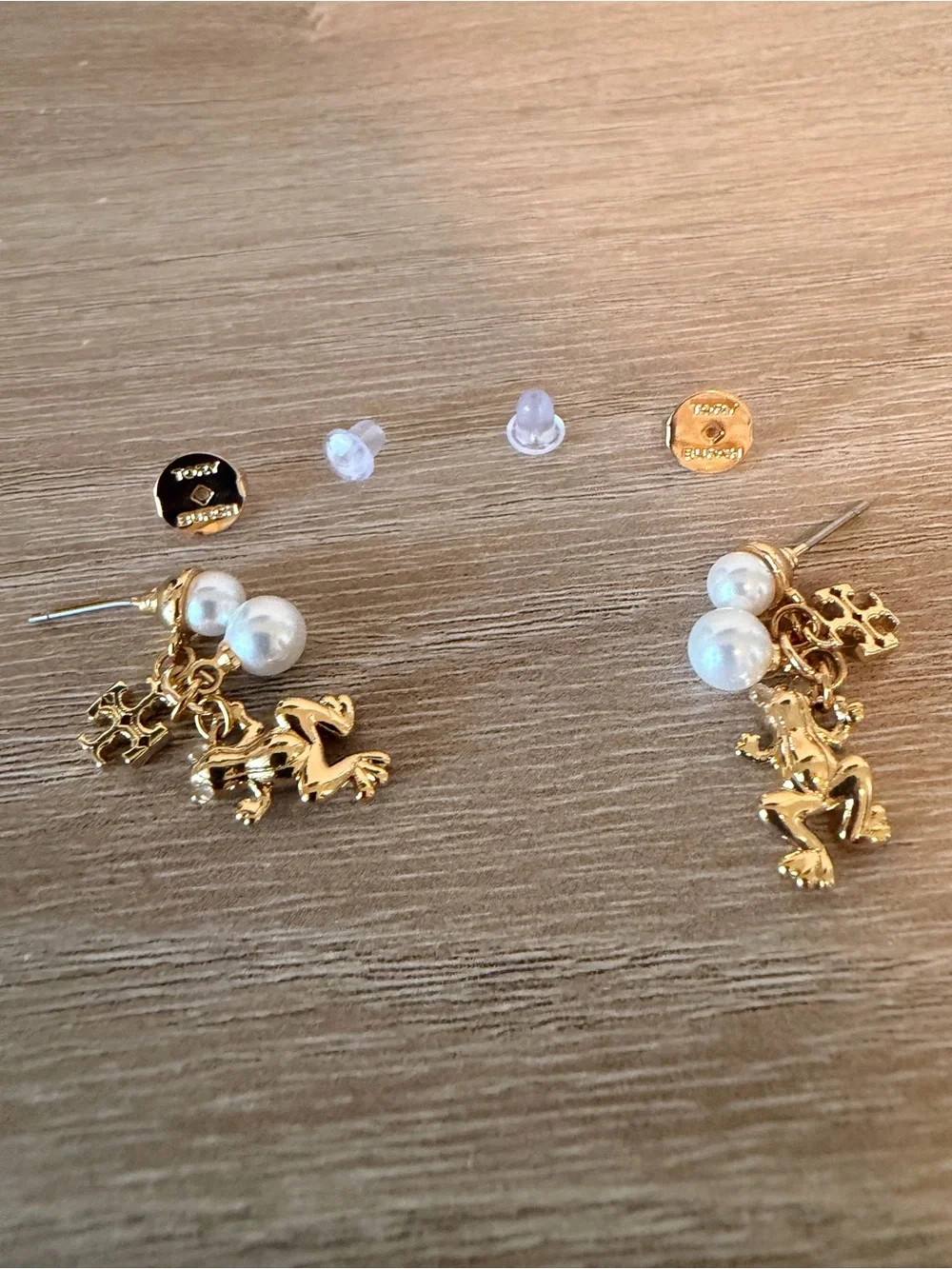 New Tory Burch Gold Frog Charm Pearl Drop Earrings